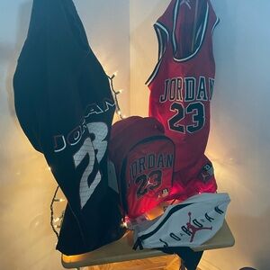 Jordan Brand Bundle!  Red and Black Mesh Apparel, 1 lunch bag, one crossbody/fan